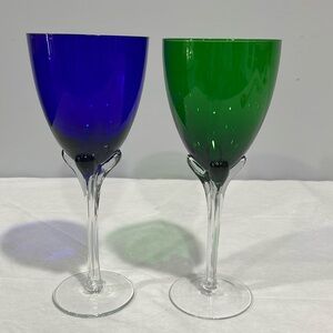 Tulip handblown Art Glasses Petal Wine Goblets Glasses Green cobalt blue